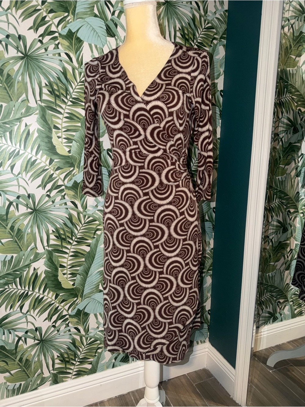 London Times Brown & Cream Printed V-Neck Wrap Midi Dress 10